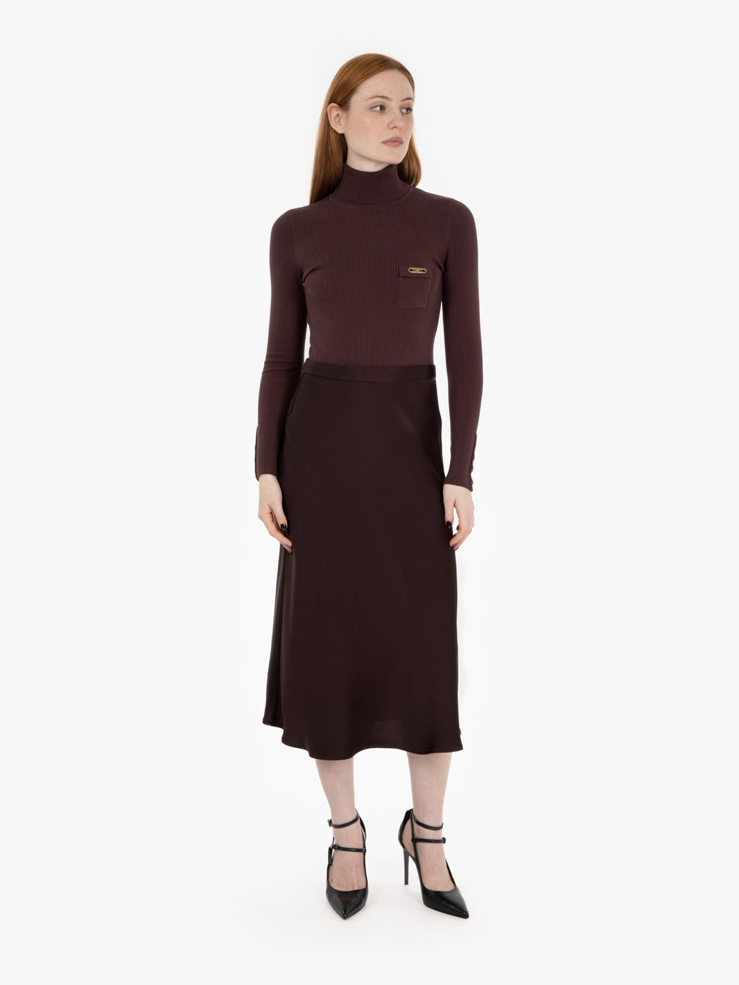 Abito in maglia a costine e raso merlot