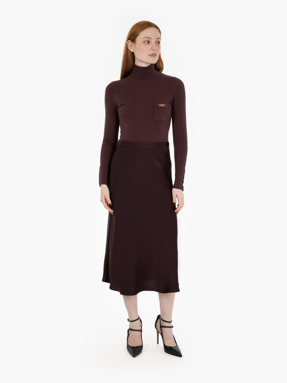Abito in maglia a costine e raso merlot