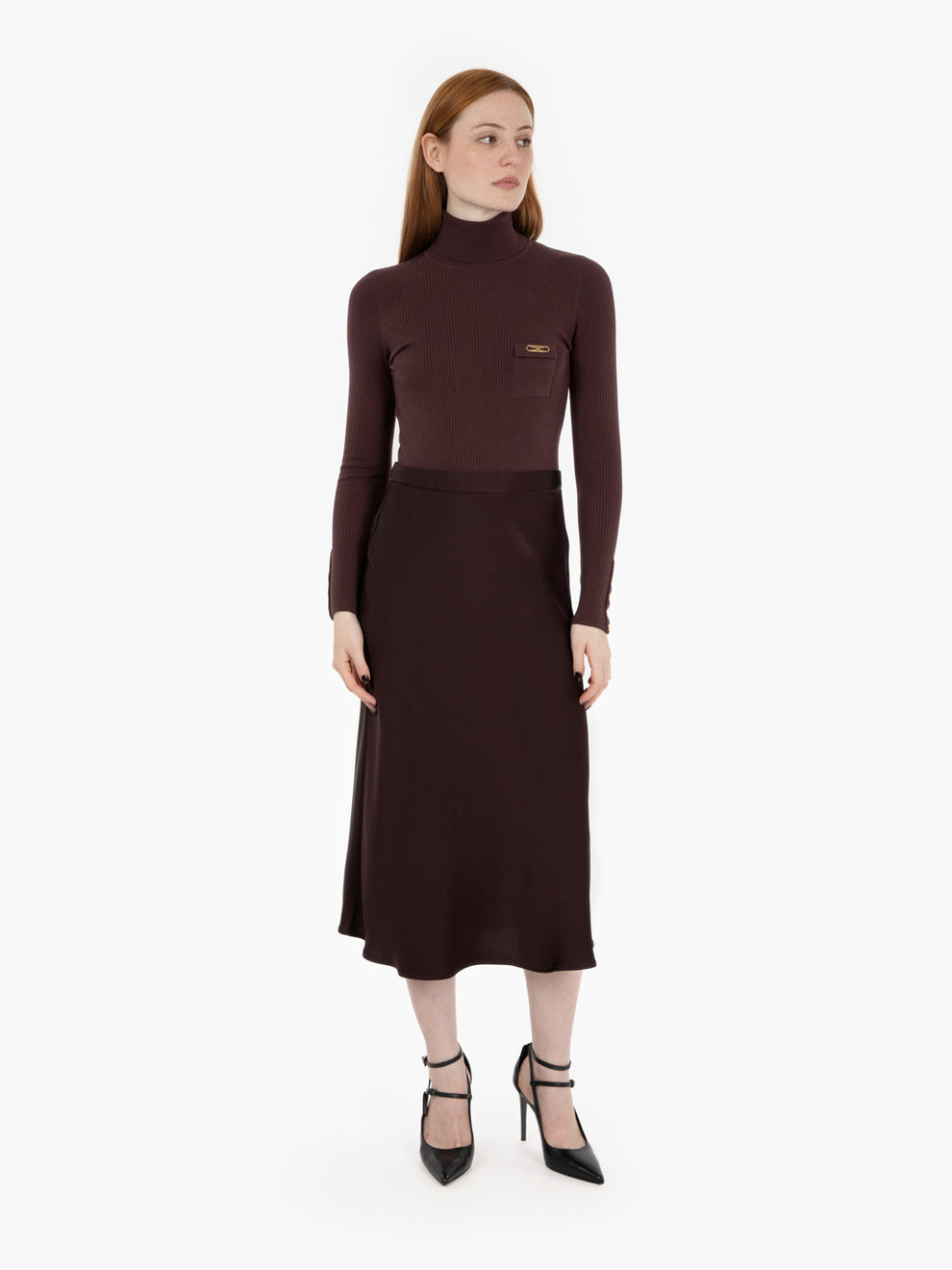 Abito in maglia a costine e raso merlot