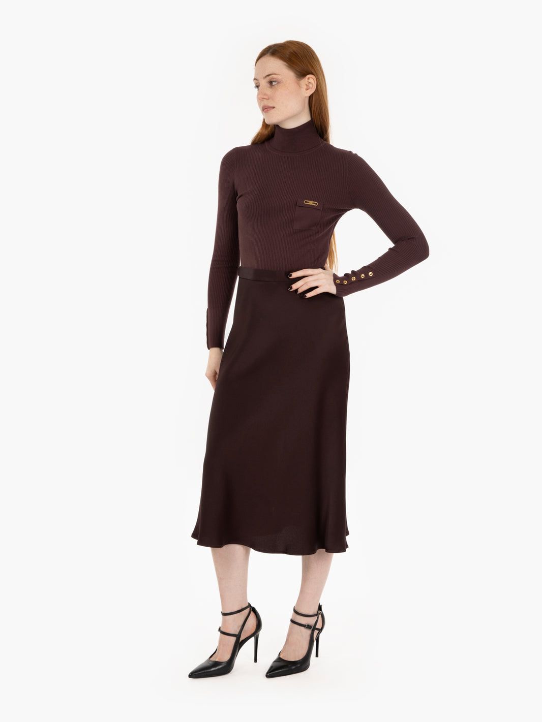 Abito in maglia a costine e raso merlot