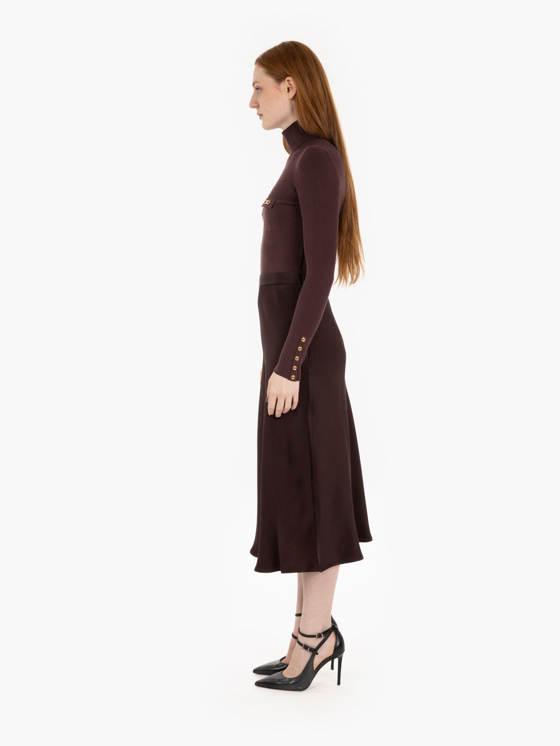 Abito in maglia a costine e raso merlot