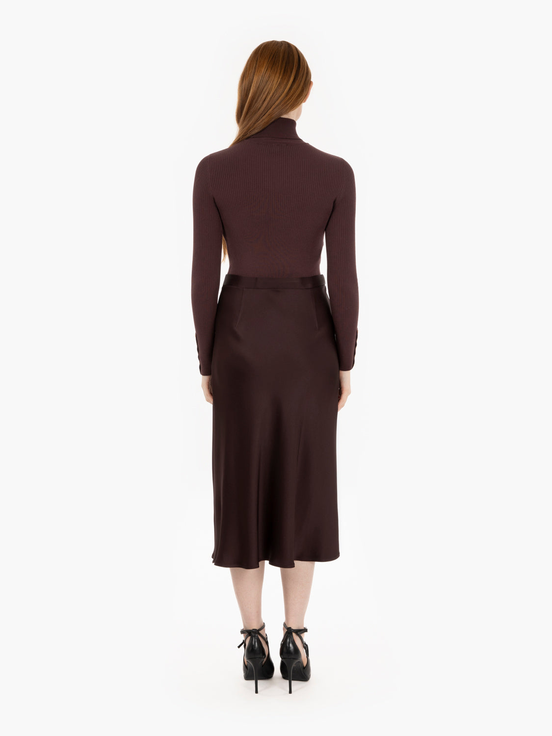 Abito in maglia a costine e raso merlot