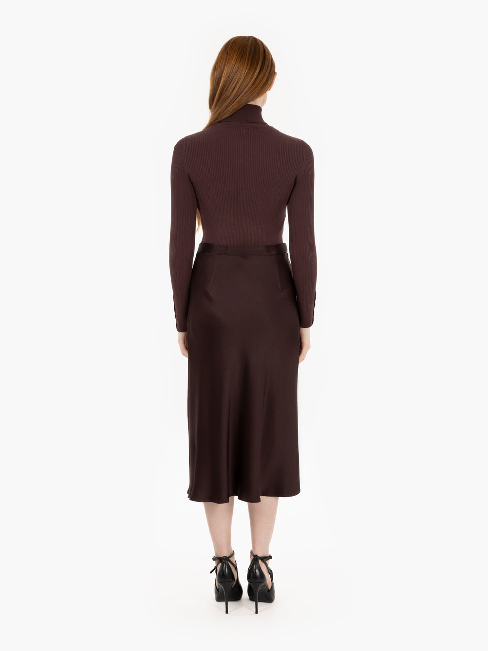 Abito in maglia a costine e raso merlot