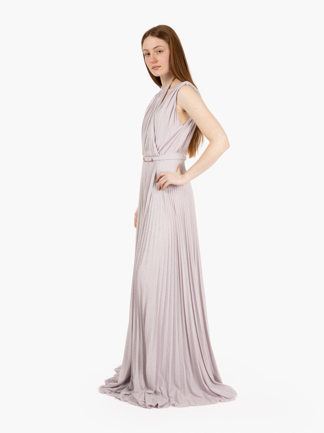 Red Carpet dress in lurex jersey with pink belt