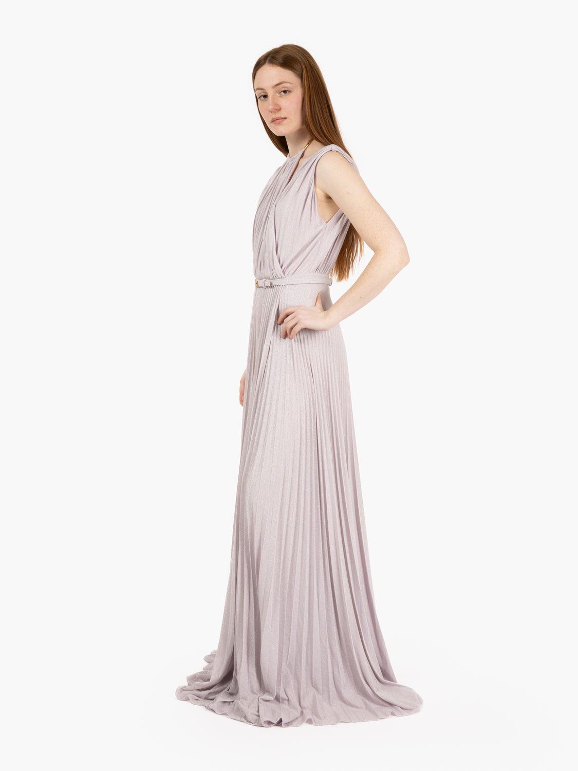 Red Carpet dress in lurex jersey with pink belt