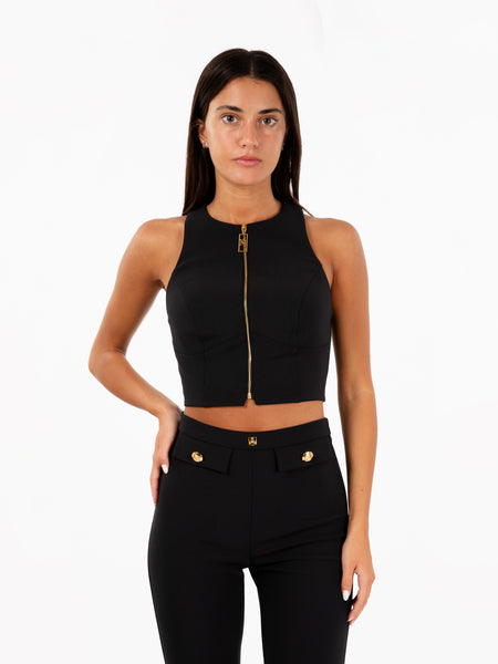 Top cropped in crêpe con zip nero