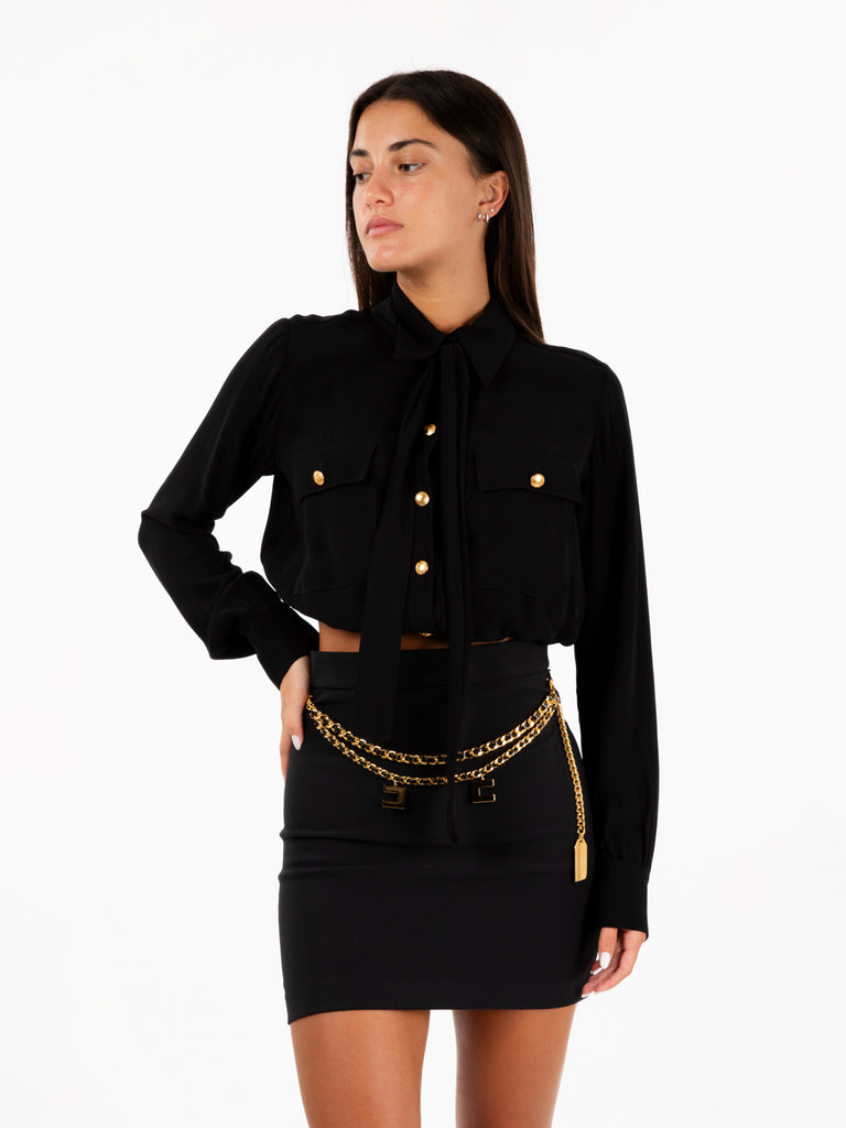 ELISABETTA FRANCHI - Camicia cropped in georgette con foulard nero