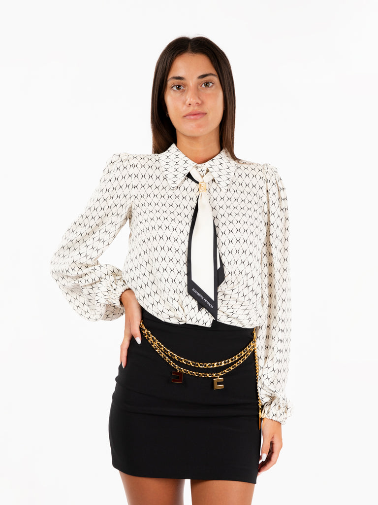 ELISABETTA FRANCHI - Camicia cropped in georgette stampata con foulard burro / nero