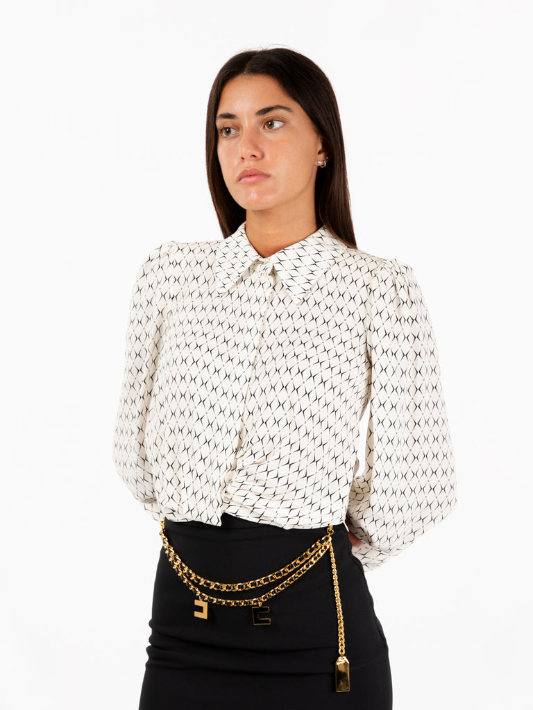 ELISABETTA FRANCHI - Camicia cropped in georgette stampata con foulard burro / nero