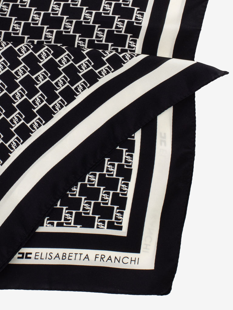ELISABETTA FRANCHI - Foulard medio in twill di seta nero / burro