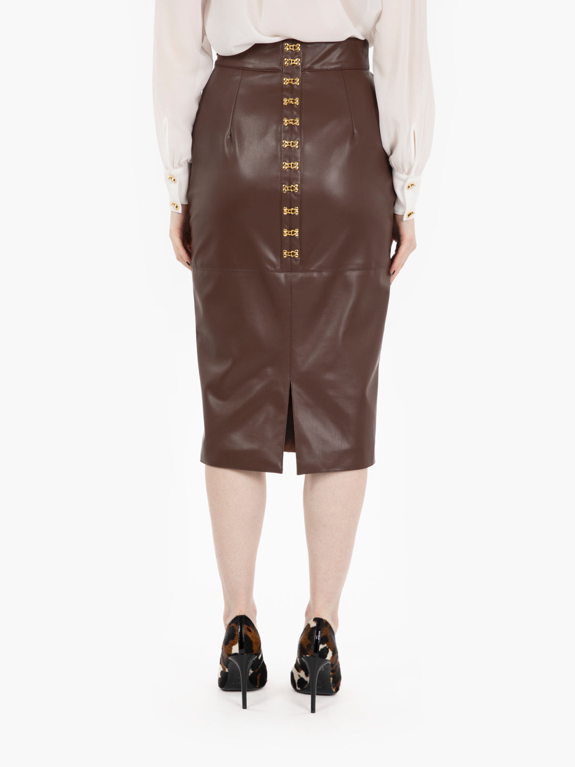 Brown jewel hook pencil skirt