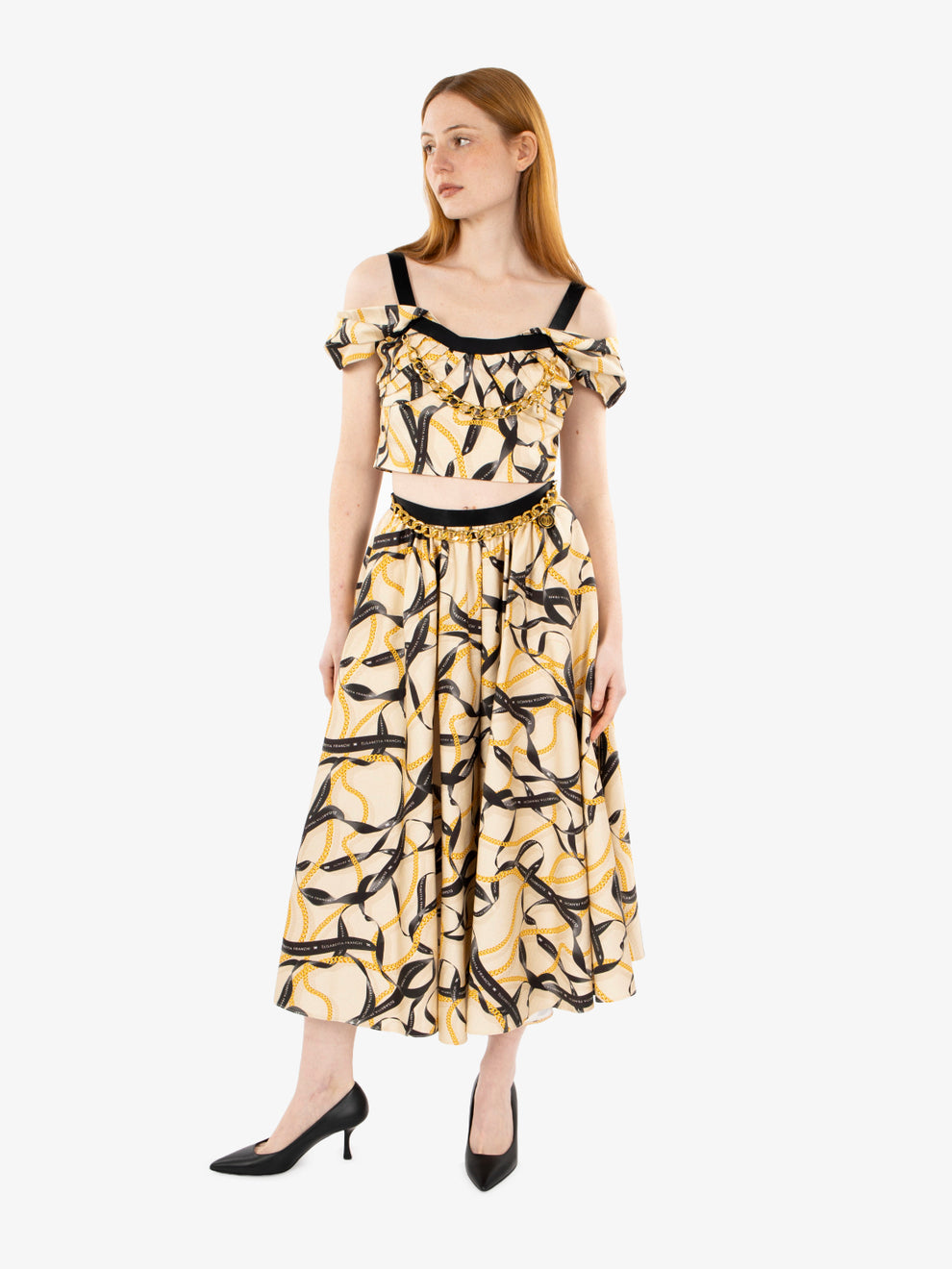 Gonna midi in seta con catena crema / nero