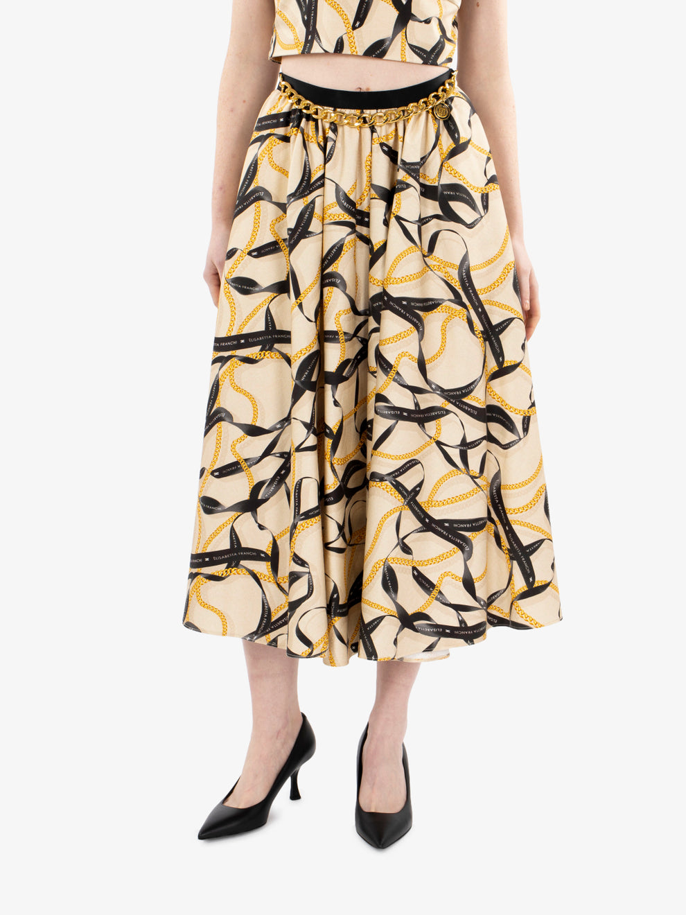 Gonna midi in seta con catena crema / nero