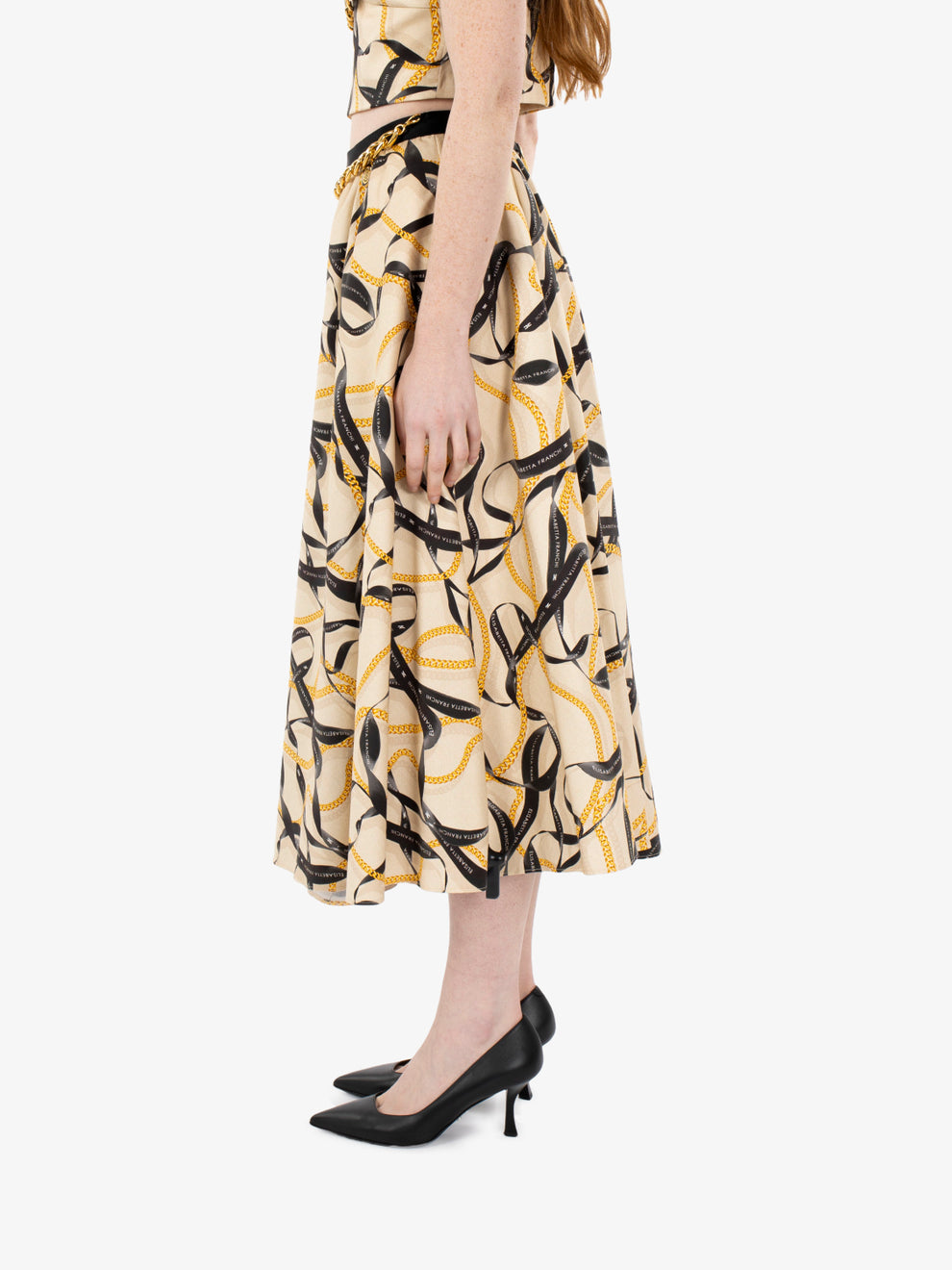 Gonna midi in seta con catena crema / nero