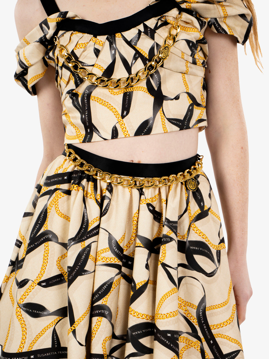 Gonna midi in seta con catena crema / nero