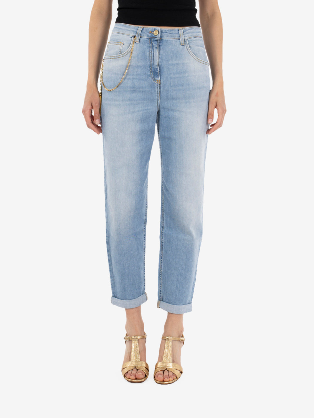 Light blue palazzo jeans with chain