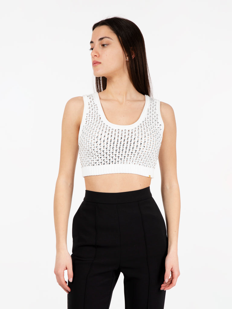 ELISABETTA FRANCHI - Knitted top con strass all over bianco