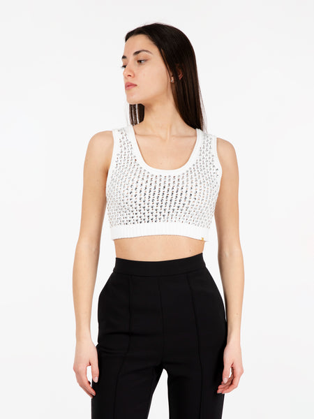 Knitted top con strass all over bianco
