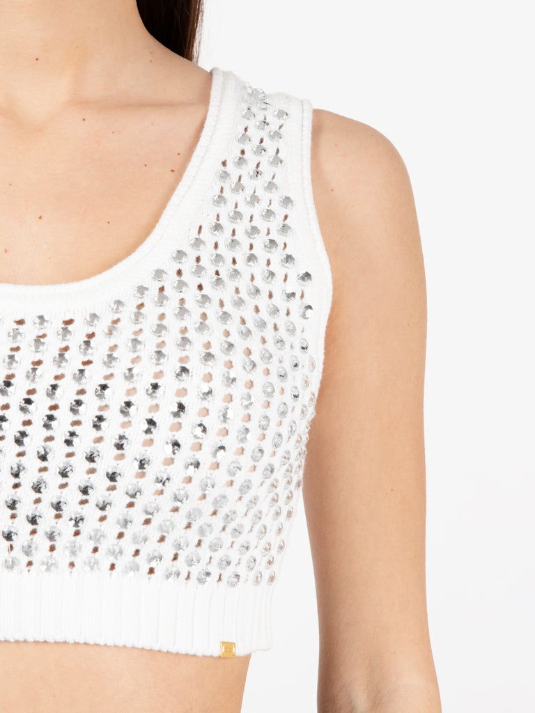 ELISABETTA FRANCHI - Knitted top con strass all over bianco