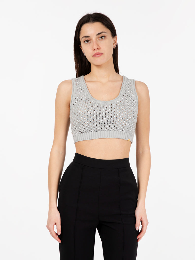 ELISABETTA FRANCHI - Knitted top con strass all over perla