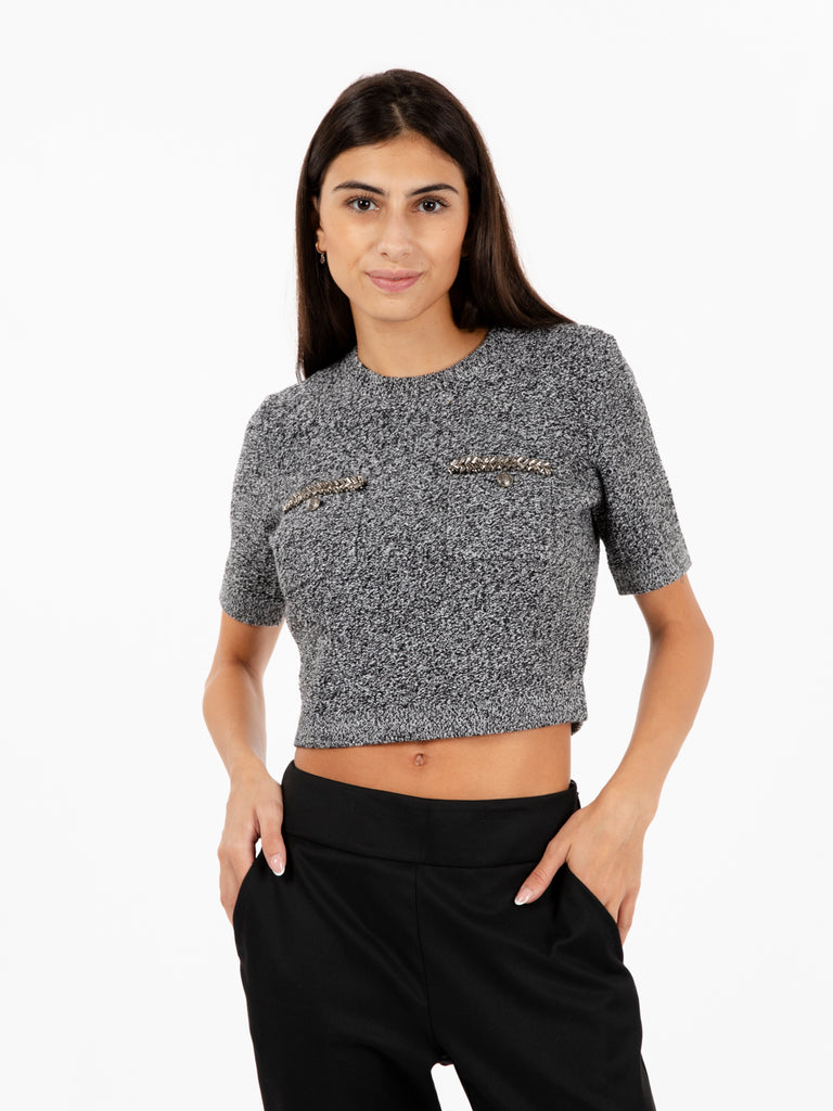 ELISABETTA FRANCHI - Maglia tricot crop a maniche corte sale pepe