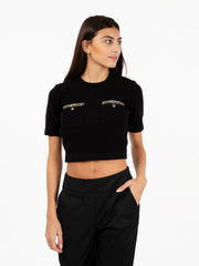 ELISABETTA FRANCHI - Maglia tricot crop a maniche corte nera