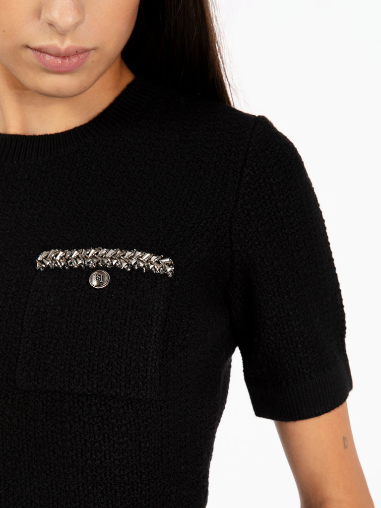 ELISABETTA FRANCHI - Maglia tricot crop a maniche corte nera