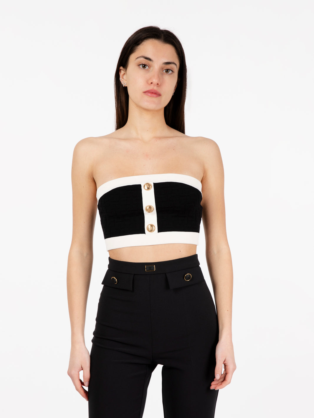Top a fascia con bottoni nero / burro