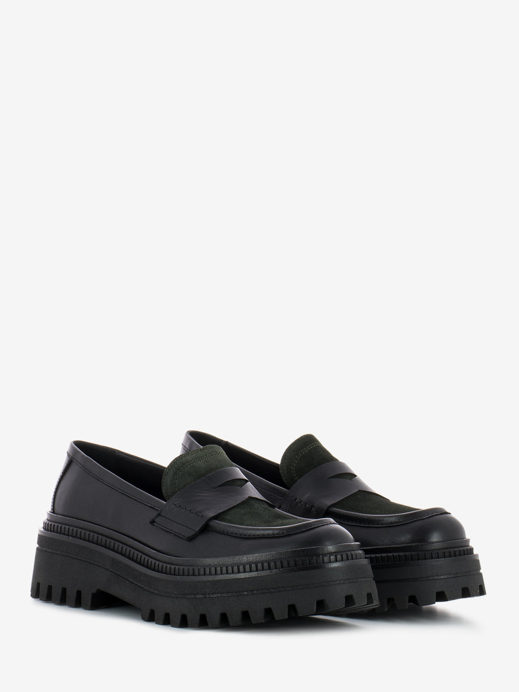 Mocassino platform in pelle e camoscio nero / verde