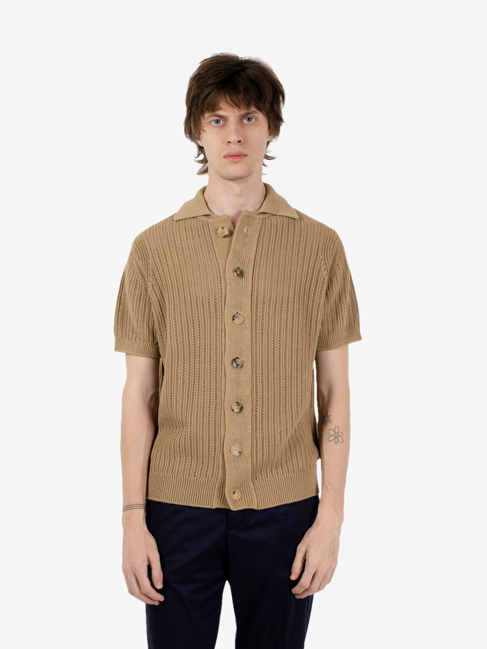 Sand openwork short-sleeved cardigan