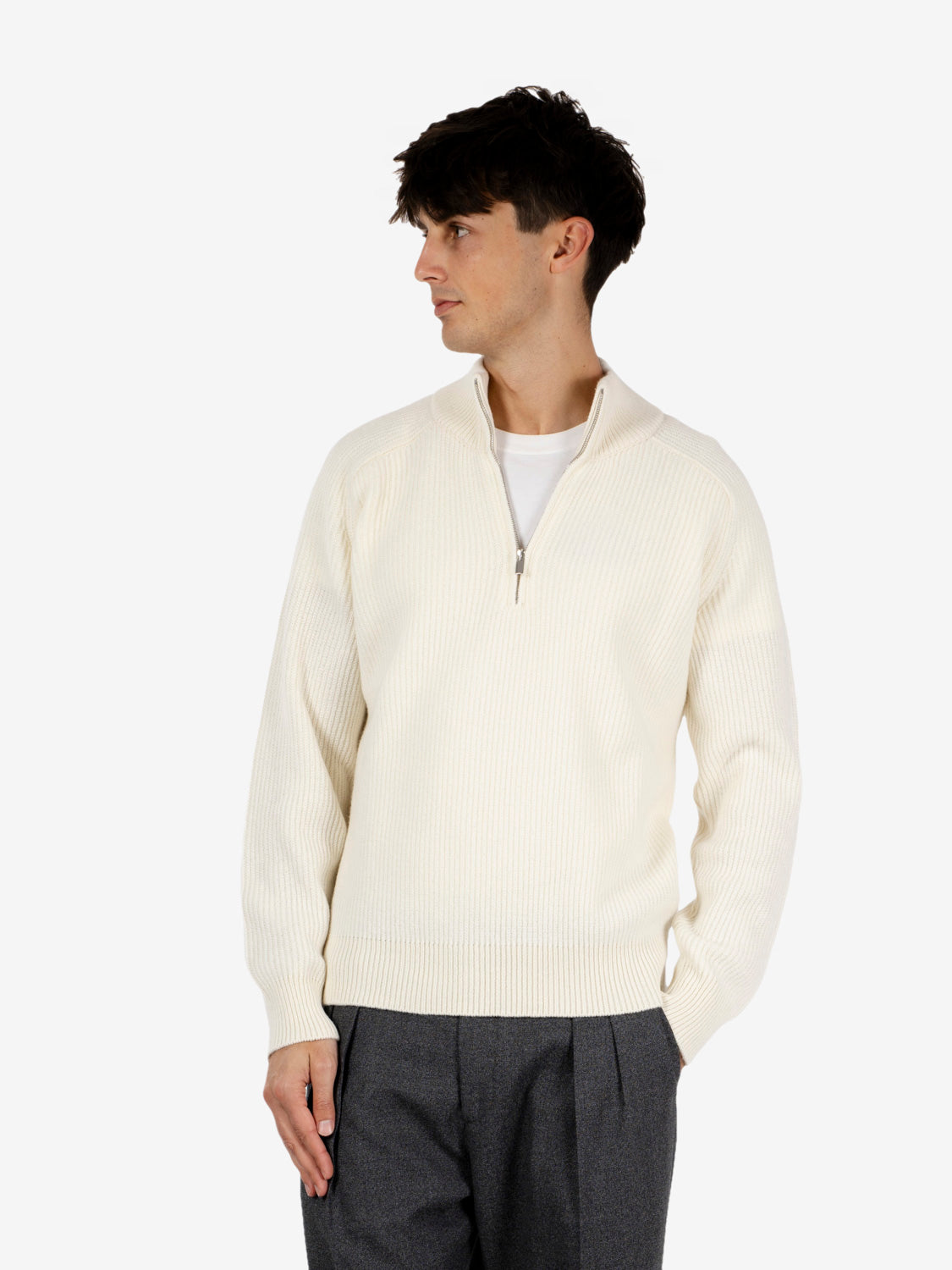 White ribbed knit zip-up sweater