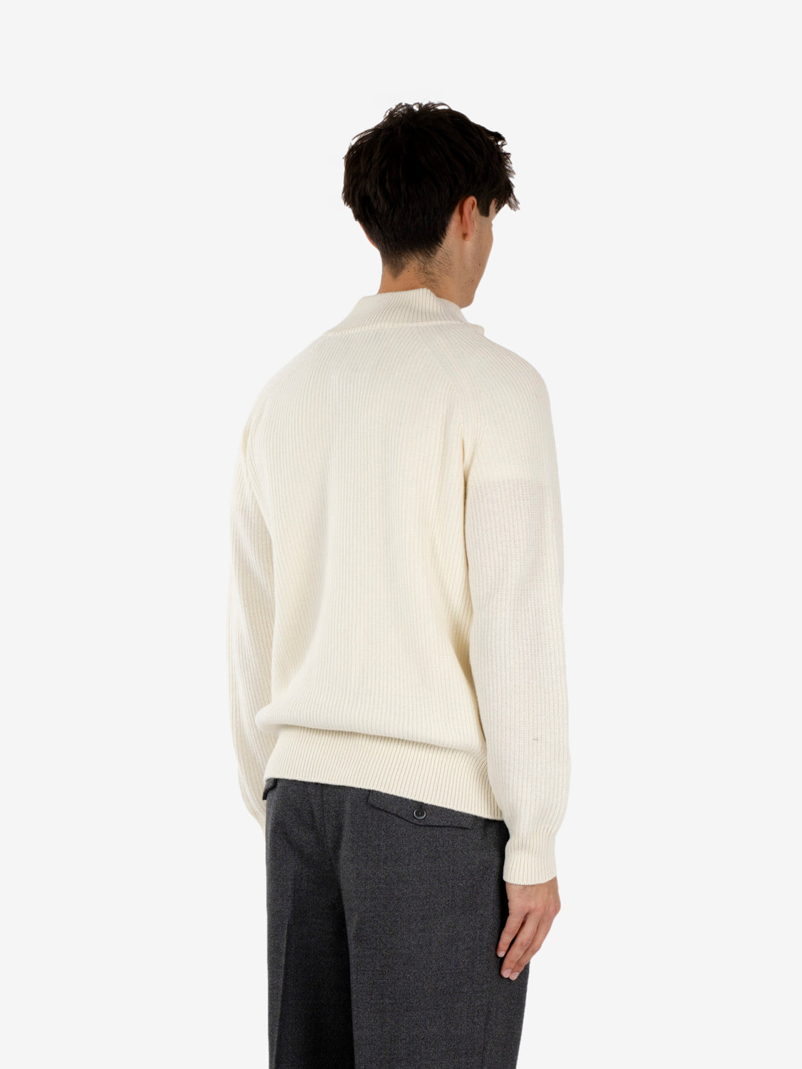 White ribbed knit zip-up sweater