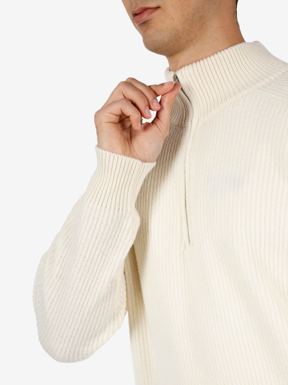 White ribbed knit zip-up sweater
