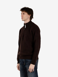 Coffee-colored zip-up sweater with a British-style ribbed collar