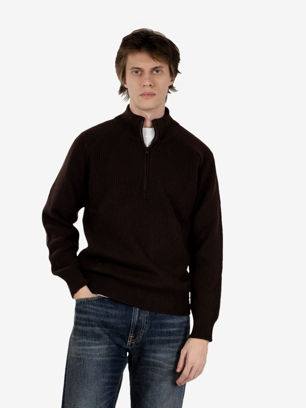 Coffee-colored zip-up sweater with a British-style ribbed collar