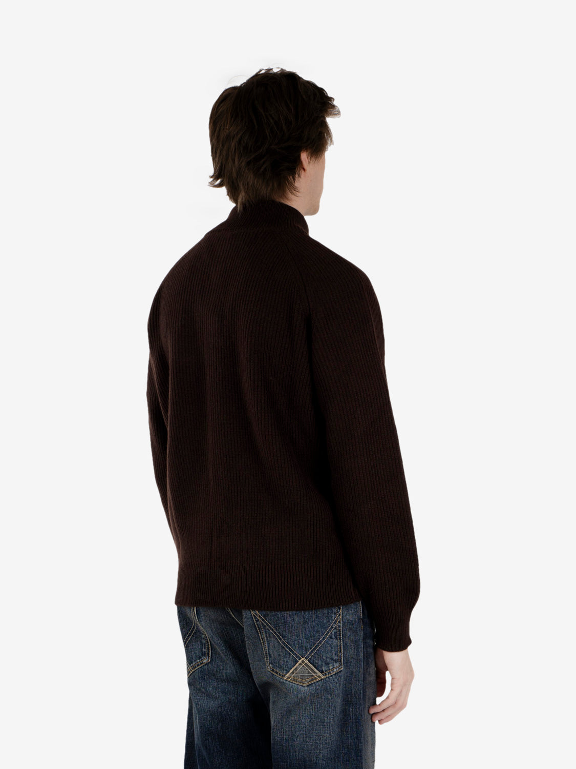 Coffee-colored zip-up sweater with a British-style ribbed collar
