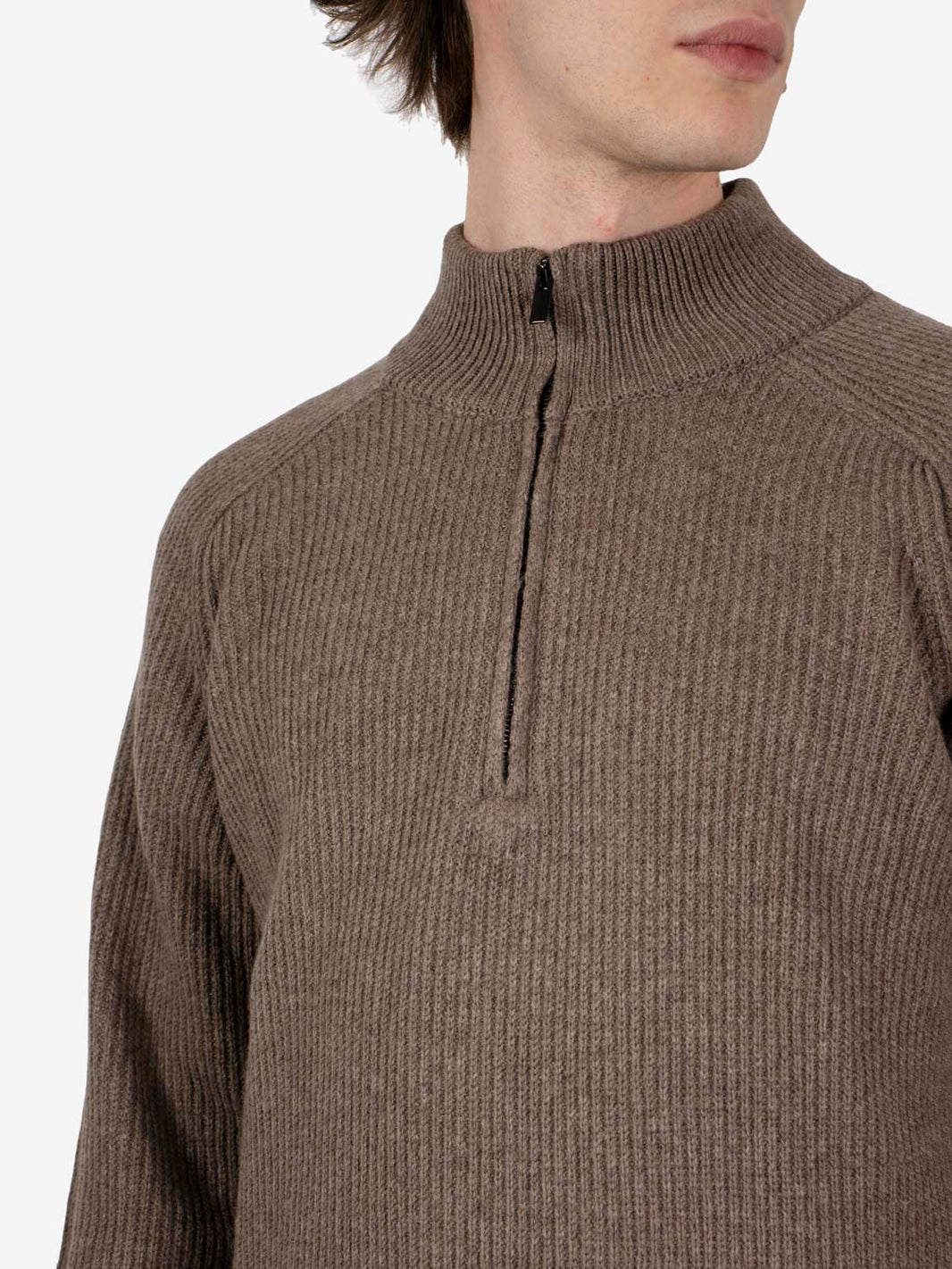 Taupe zip-up sweater with ottoman rib