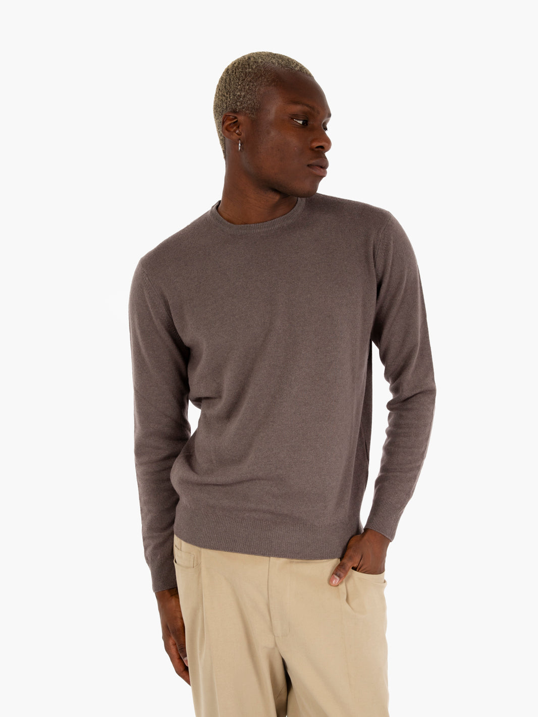 Maglione girocollo merino e cashmere tortora
