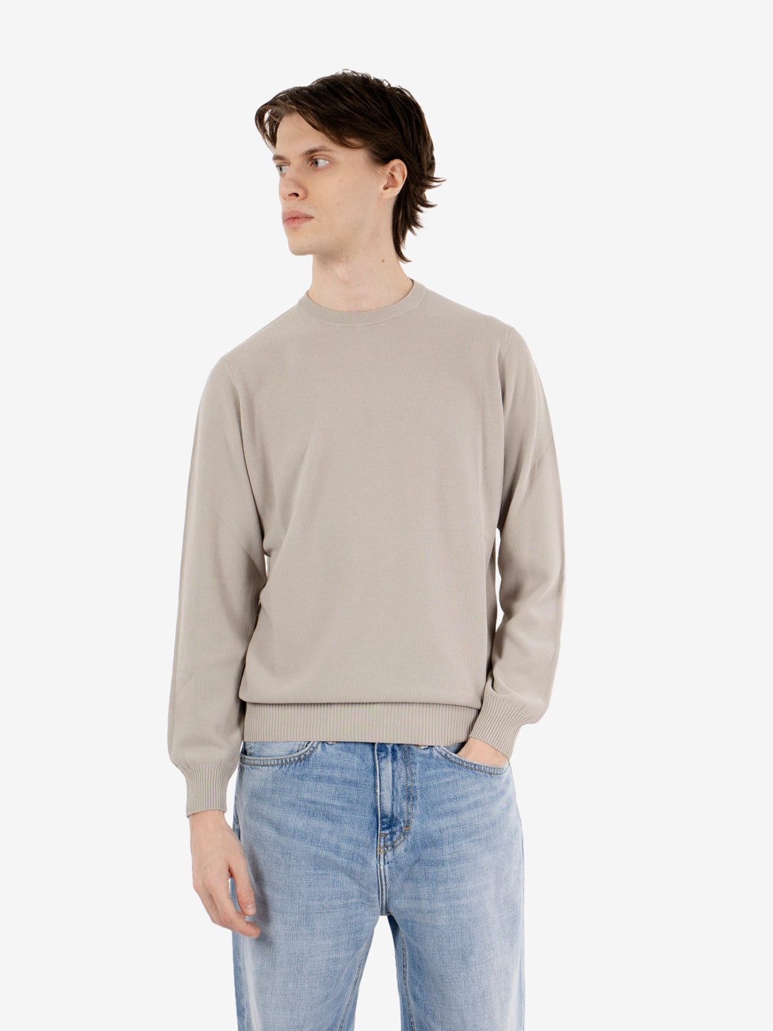 Maglione girocollo punto riso nebbia