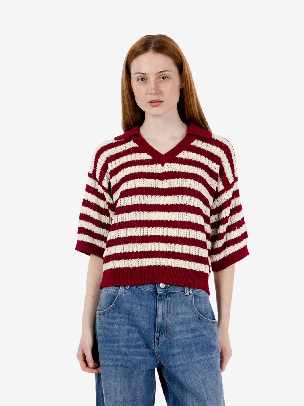 Polo skipper in maglia traforata gesso / bordeaux