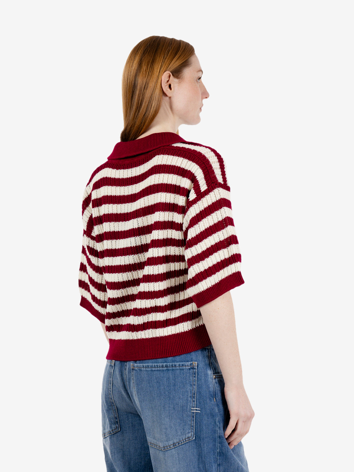 Polo skipper in maglia traforata gesso / bordeaux