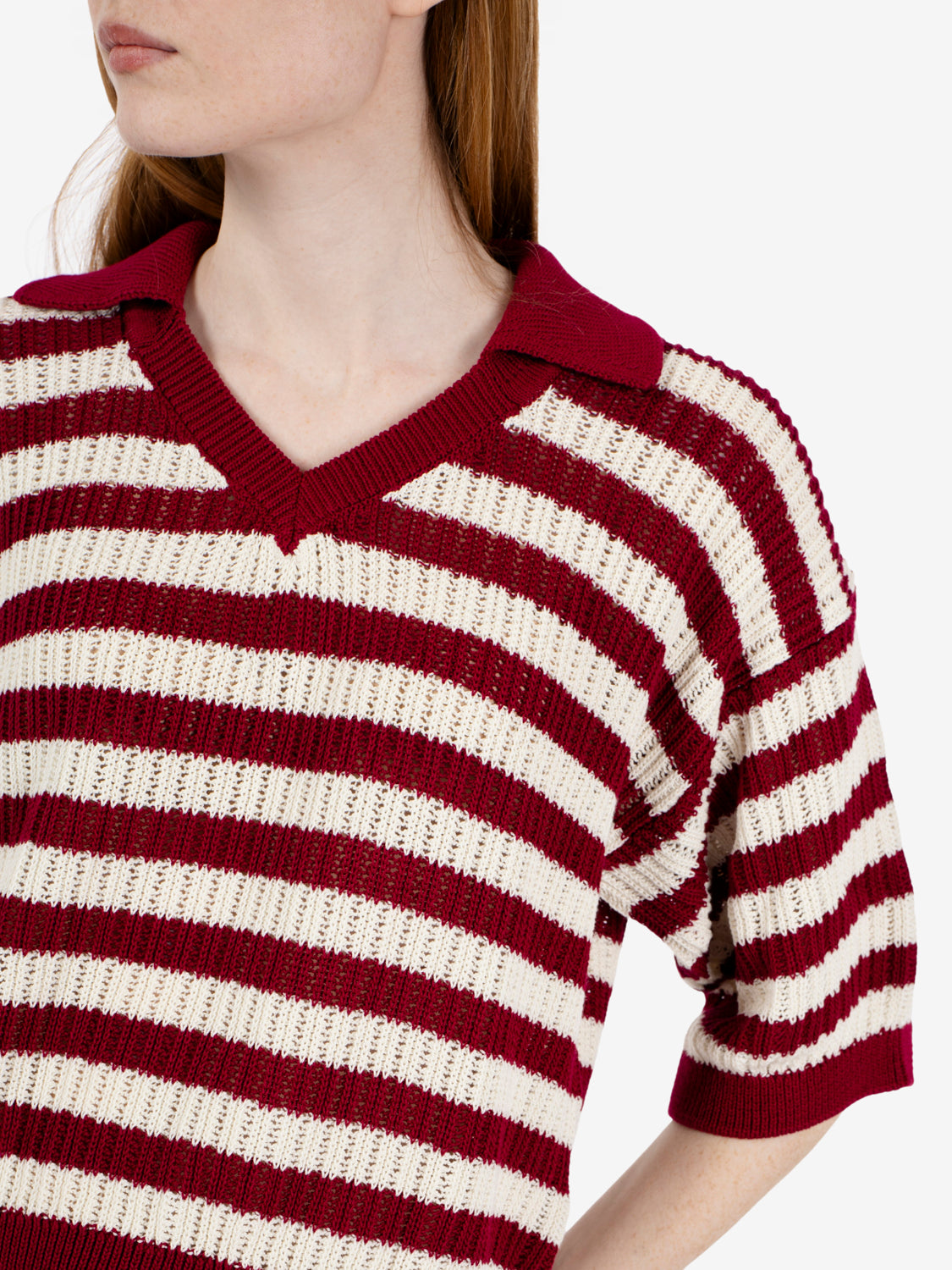 Polo skipper in maglia traforata gesso / bordeaux