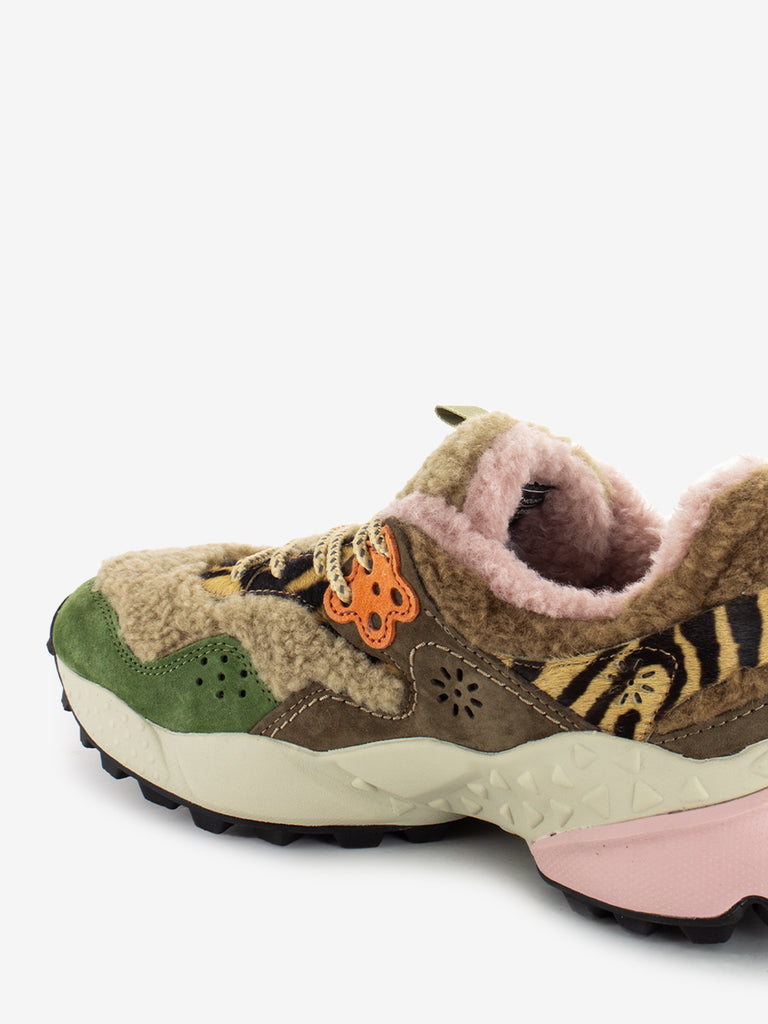 FLOWER MOUNTAIN - Kotetsu W suede pony air teddy kaki / beige / multicolor