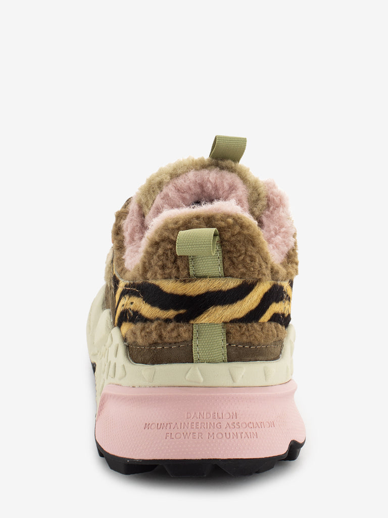 FLOWER MOUNTAIN - Kotetsu W suede pony air teddy kaki / beige / multicolor