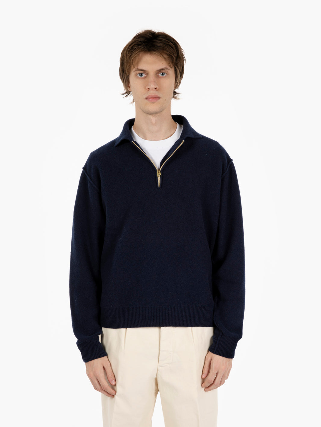 Maglia Yale in lana con colletto navy blu