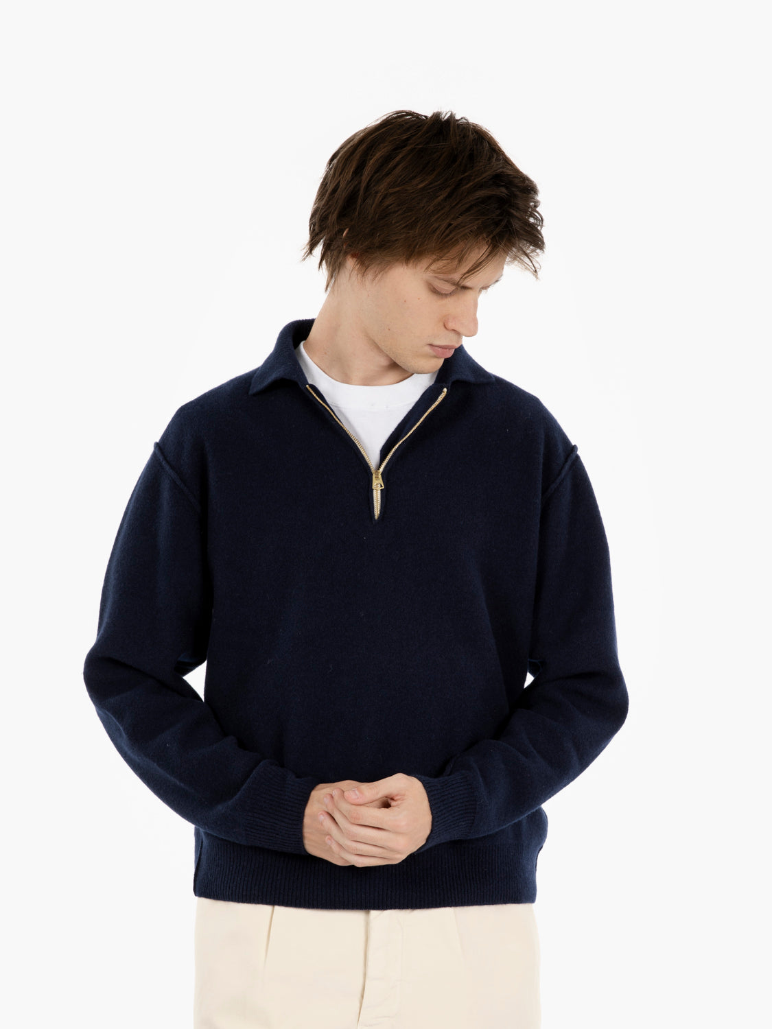 Maglia Yale in lana con colletto navy blu