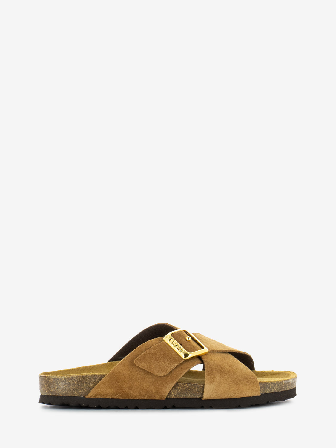 Slippers with crossed straps and maxi buckle earth