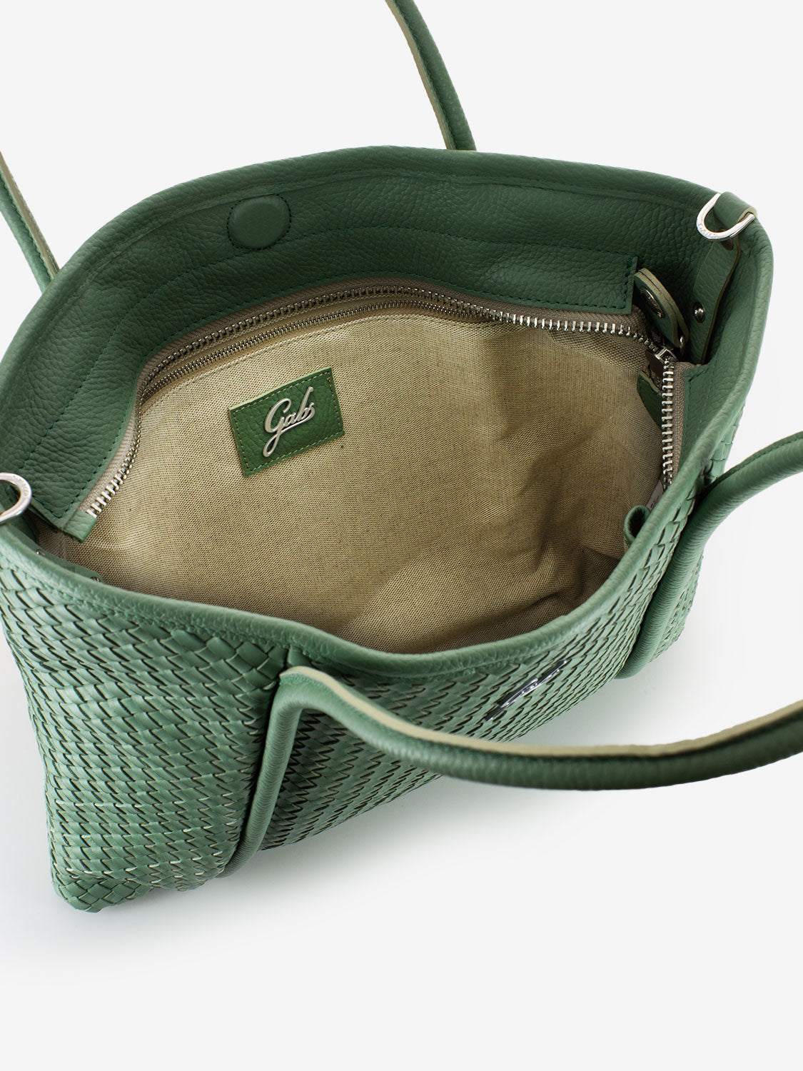 Lydia M shiny silver tea green weave