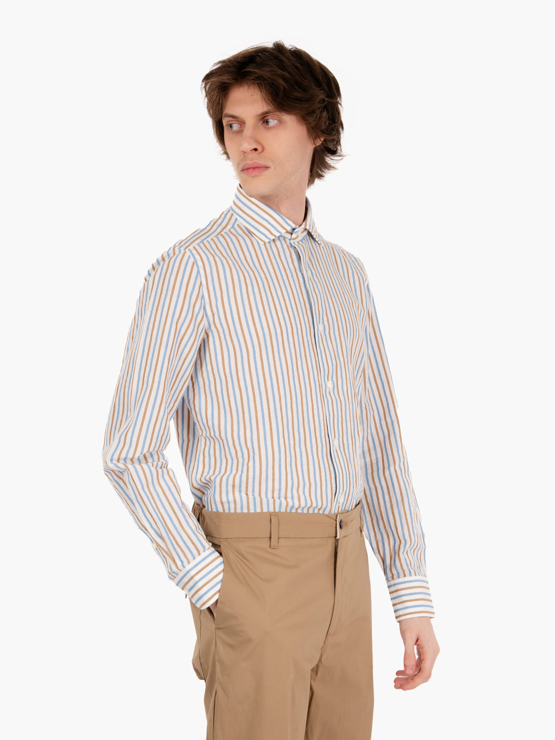 Camicia fantasia a righe azzurro / marrone