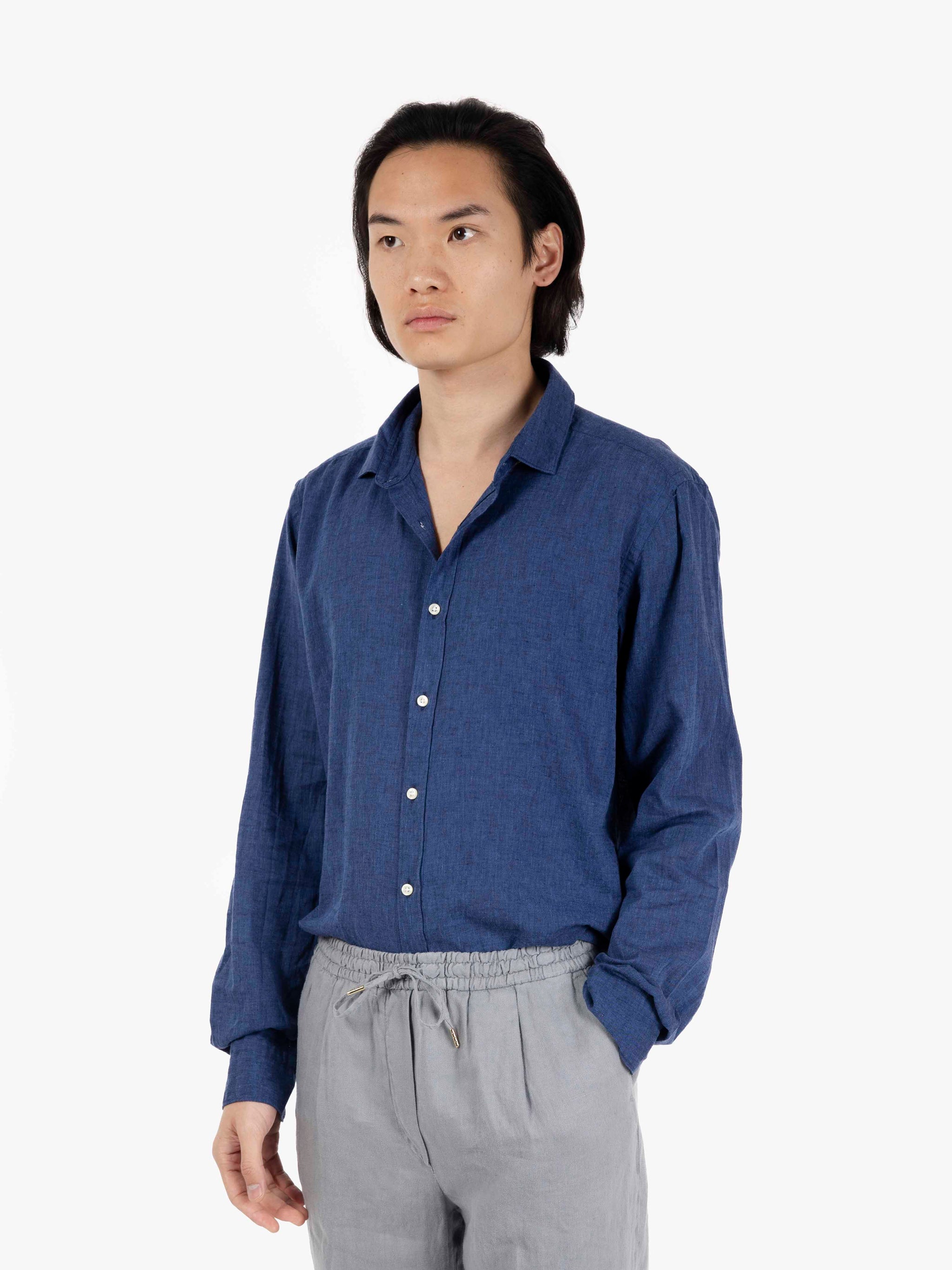 Camicia in cotone e lino blu